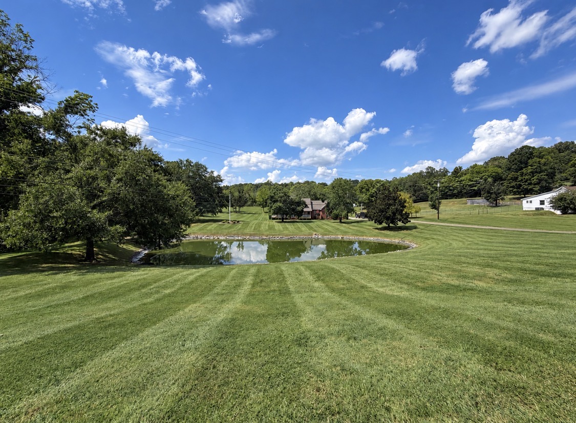 Freshly mowed pasture with a clean pond and blue sky after land management work